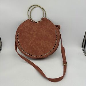 Anthropologie Marla Purse Bag Cross Body Women Brown Round Faux Leather Brass